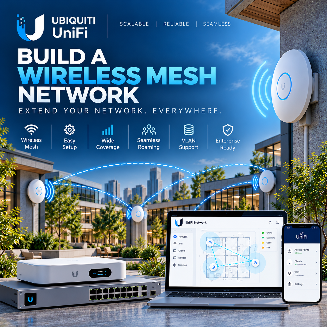 UniFi mesh: one wired parent and two wireless APs