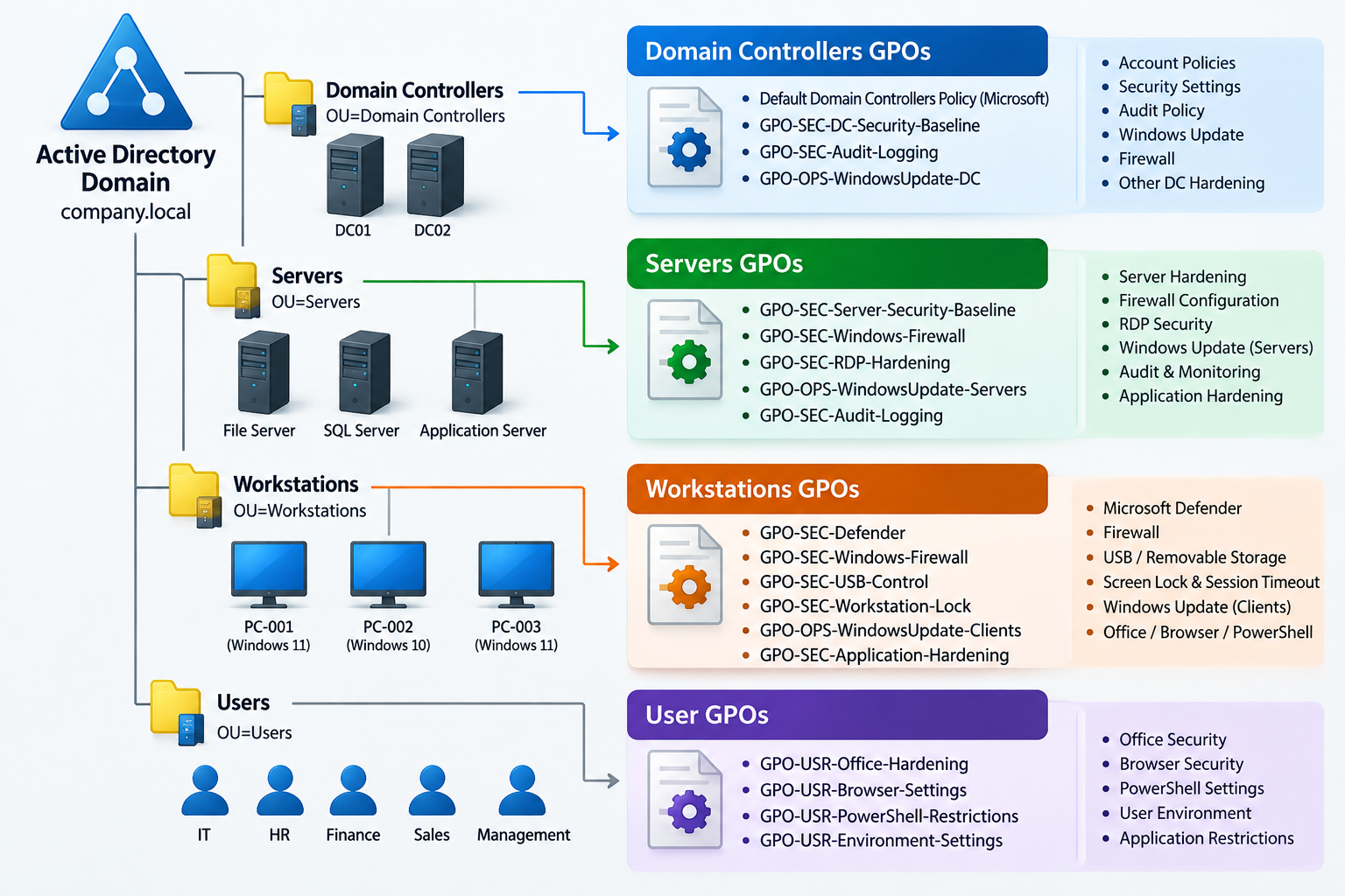 Illustrative OU separation; domain-account password policy is linked at the domain root, and each setting has one owner.