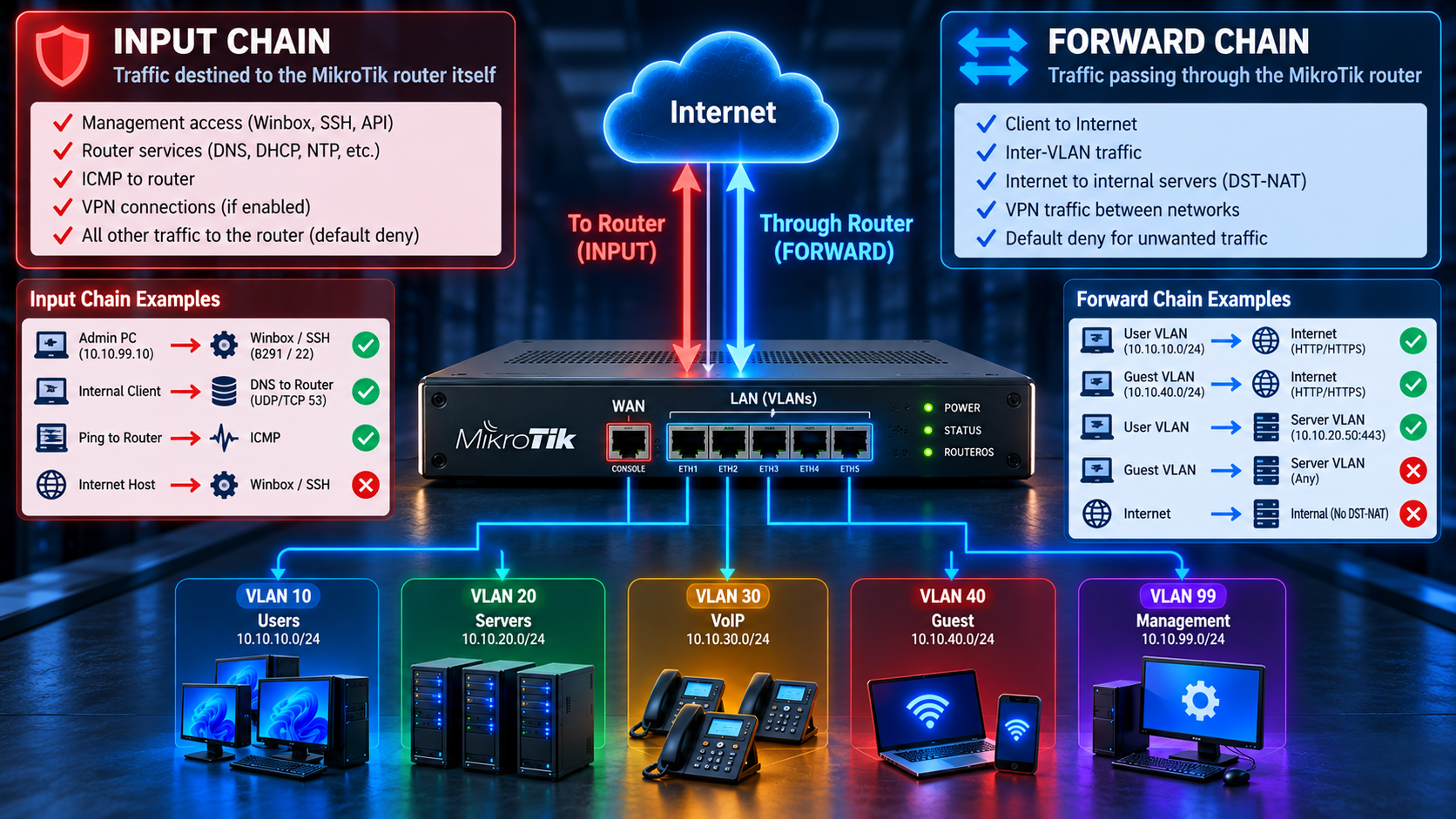 MikroTik RouterOS Input Chain vs Forward Chain firewall traffic flow