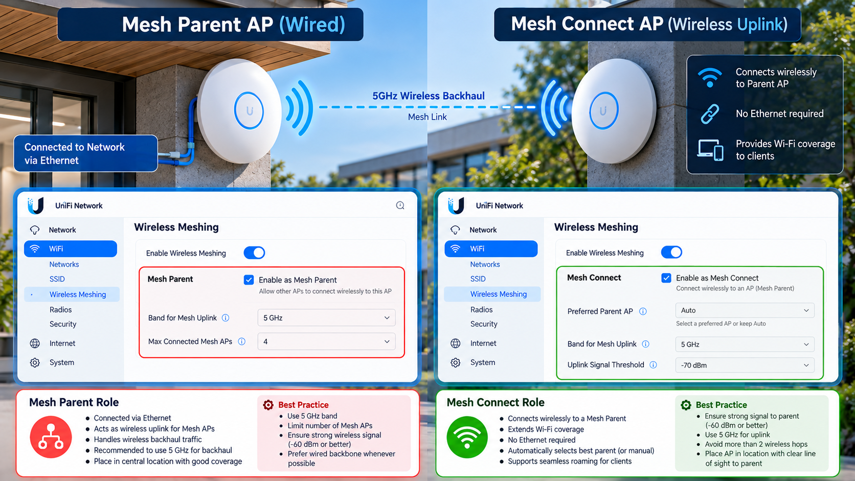 Wired AP: Mesh Parent enabled. Wireless APs: Mesh Connect enabled Wired AP: Mesh Parent enabled. Wireless APs: Mesh Connect enabled