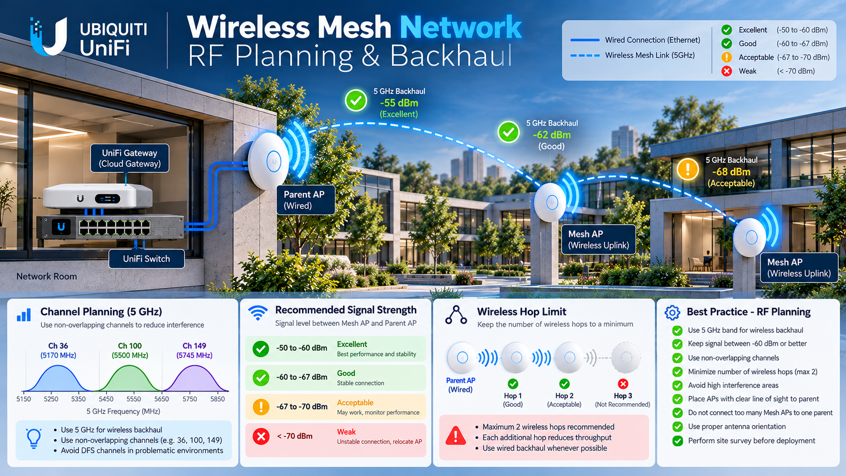 5 GHz backhaul shares airtime; target parent link RSSI of -60 dBm or better 5 GHz backhaul shares airtime; target parent link RSSI of -60 dBm or better