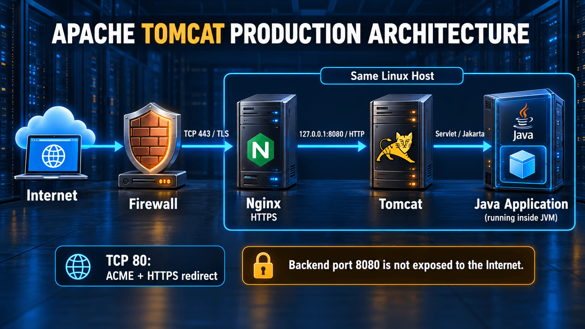 Internet through firewall and Nginx TLS on 443 to localhost Tomcat 8080 and a Java application in the JVM