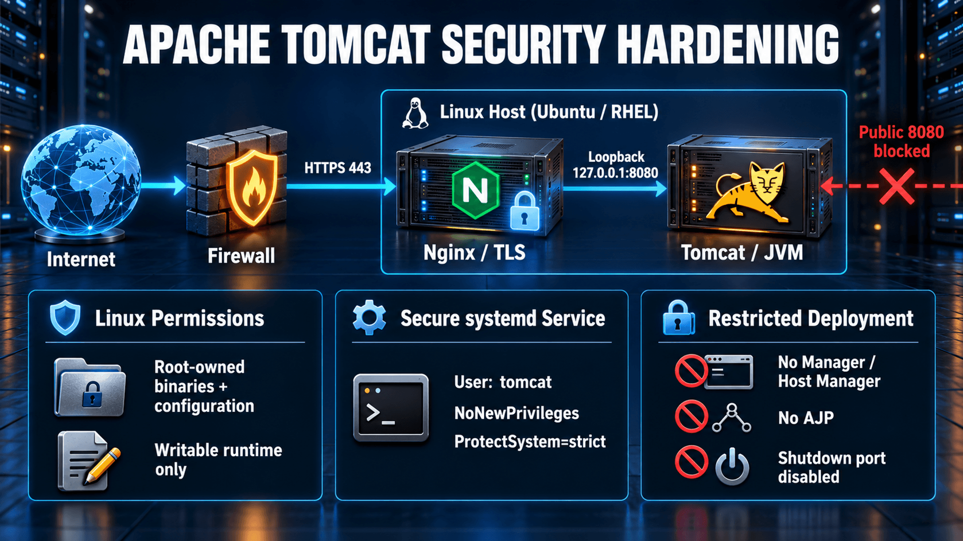 Tomcat defense in depth: firewall, Nginx TLS, loopback backend, root-owned configuration and a restricted systemd service
