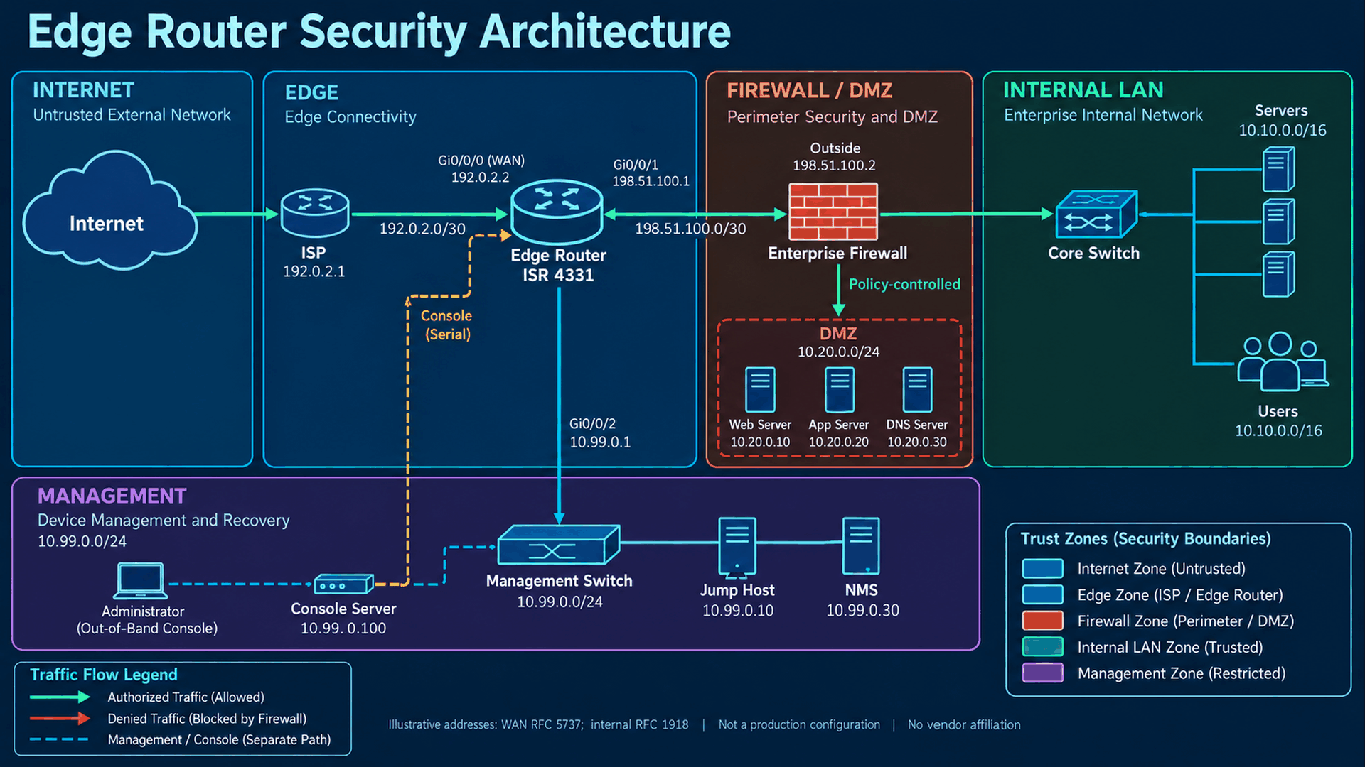 Enterprise edge architecture: ISP, ISR 4331, firewall, DMZ, core and separate management network