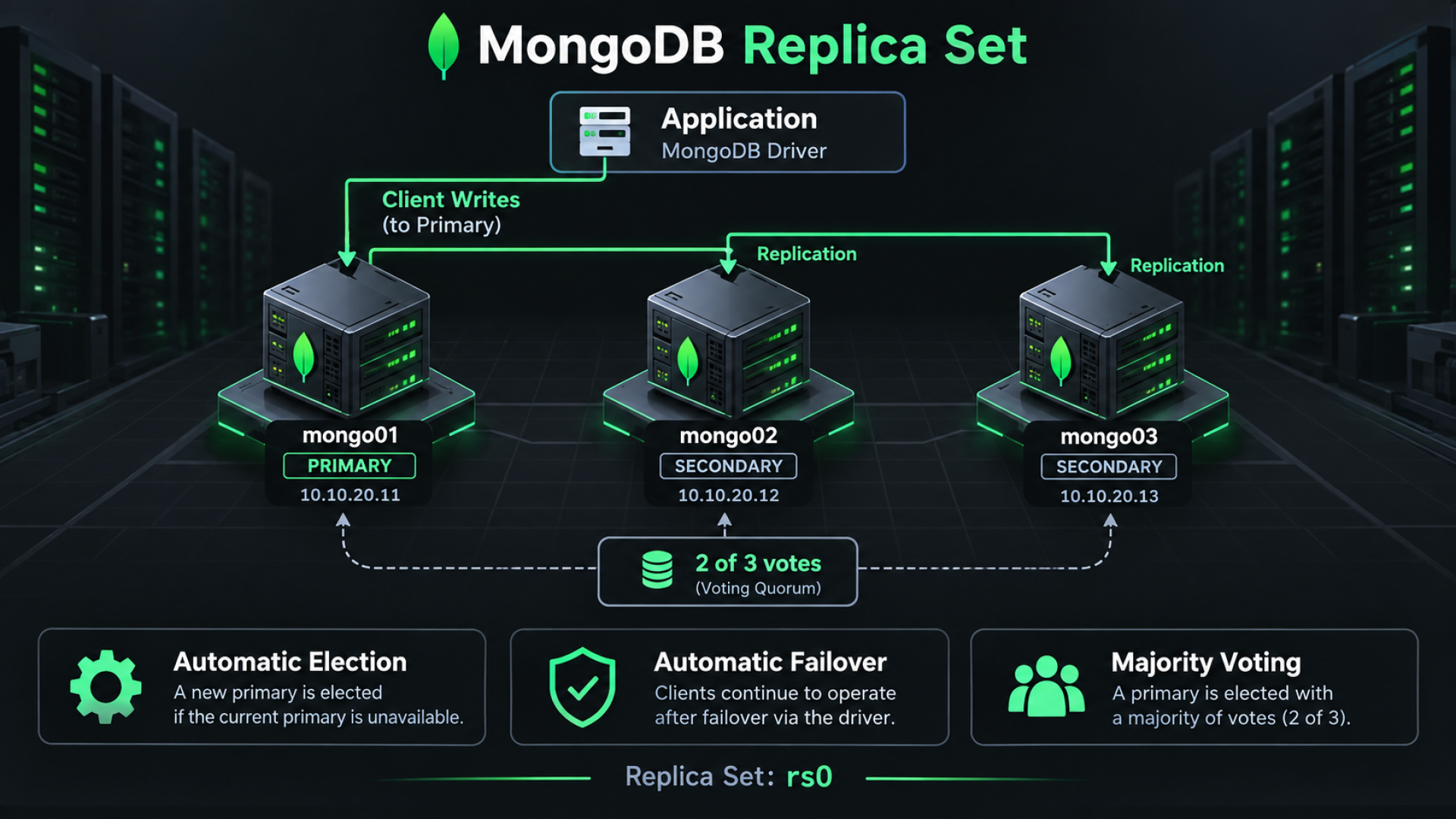 Three-member MongoDB rs0 replica set with primary, secondaries, majority election and automatic failover