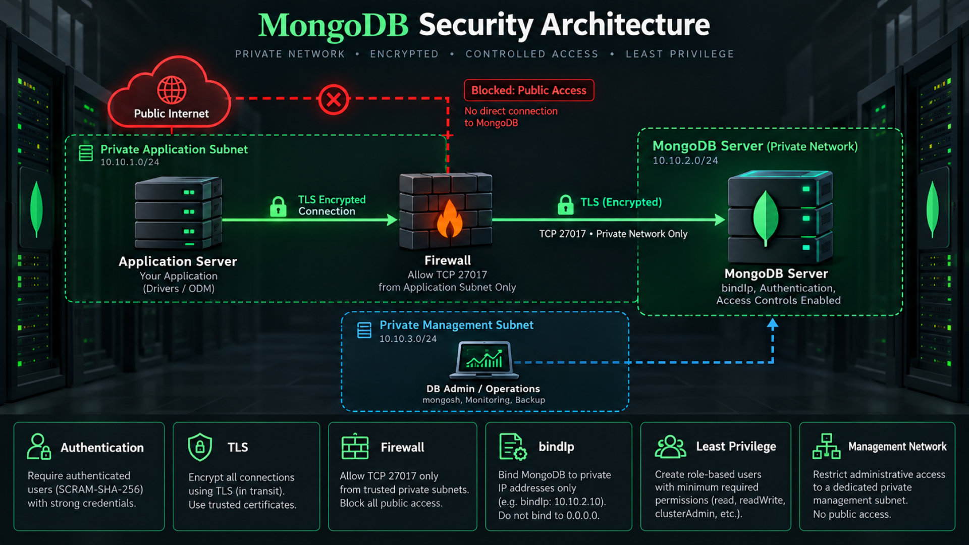 MongoDB defense in depth with TLS, authentication, firewall, least privilege and blocked public access