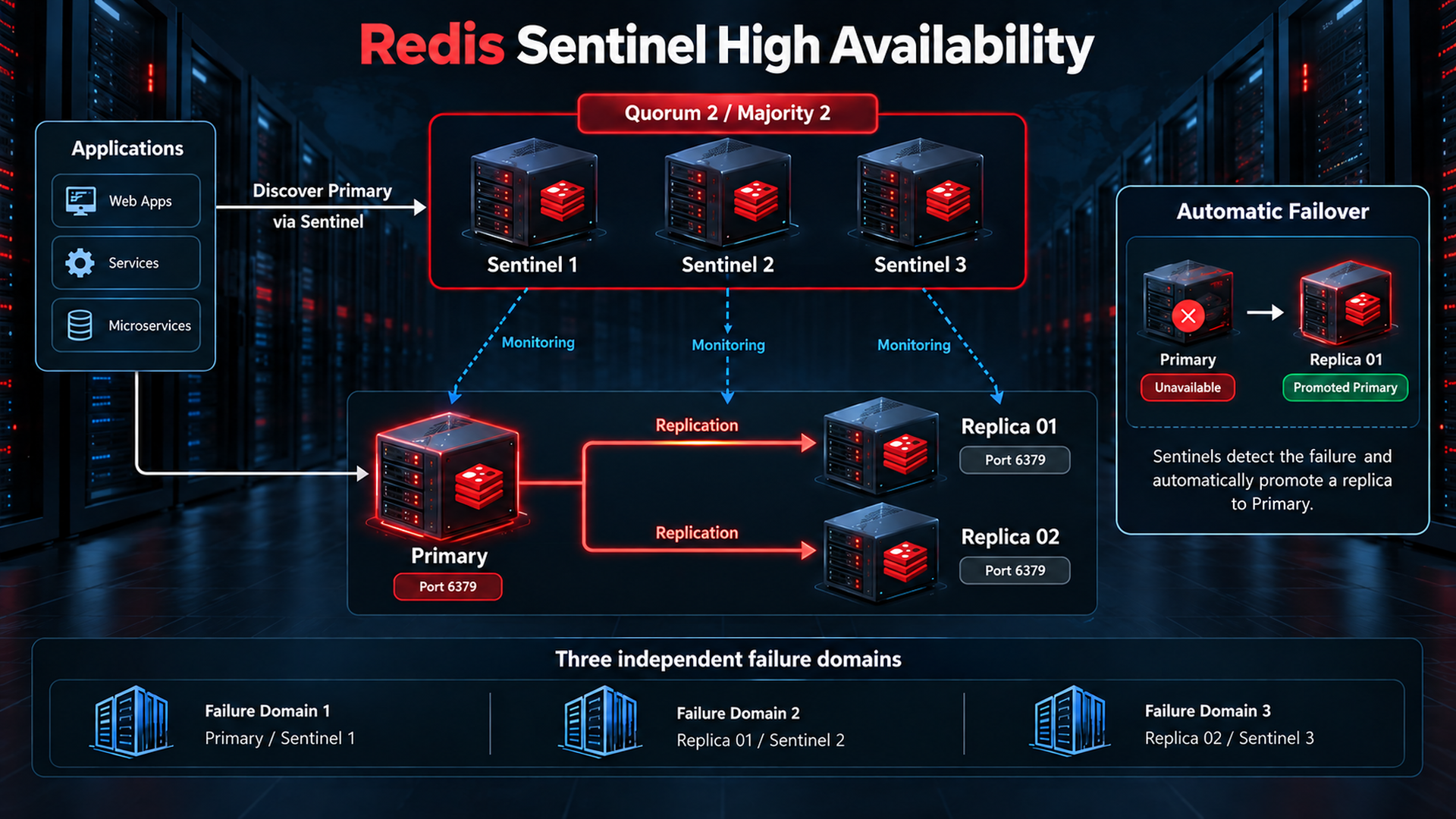 Redis Sentinel high availability with three sentinels, one primary, two replicas and automatic failover