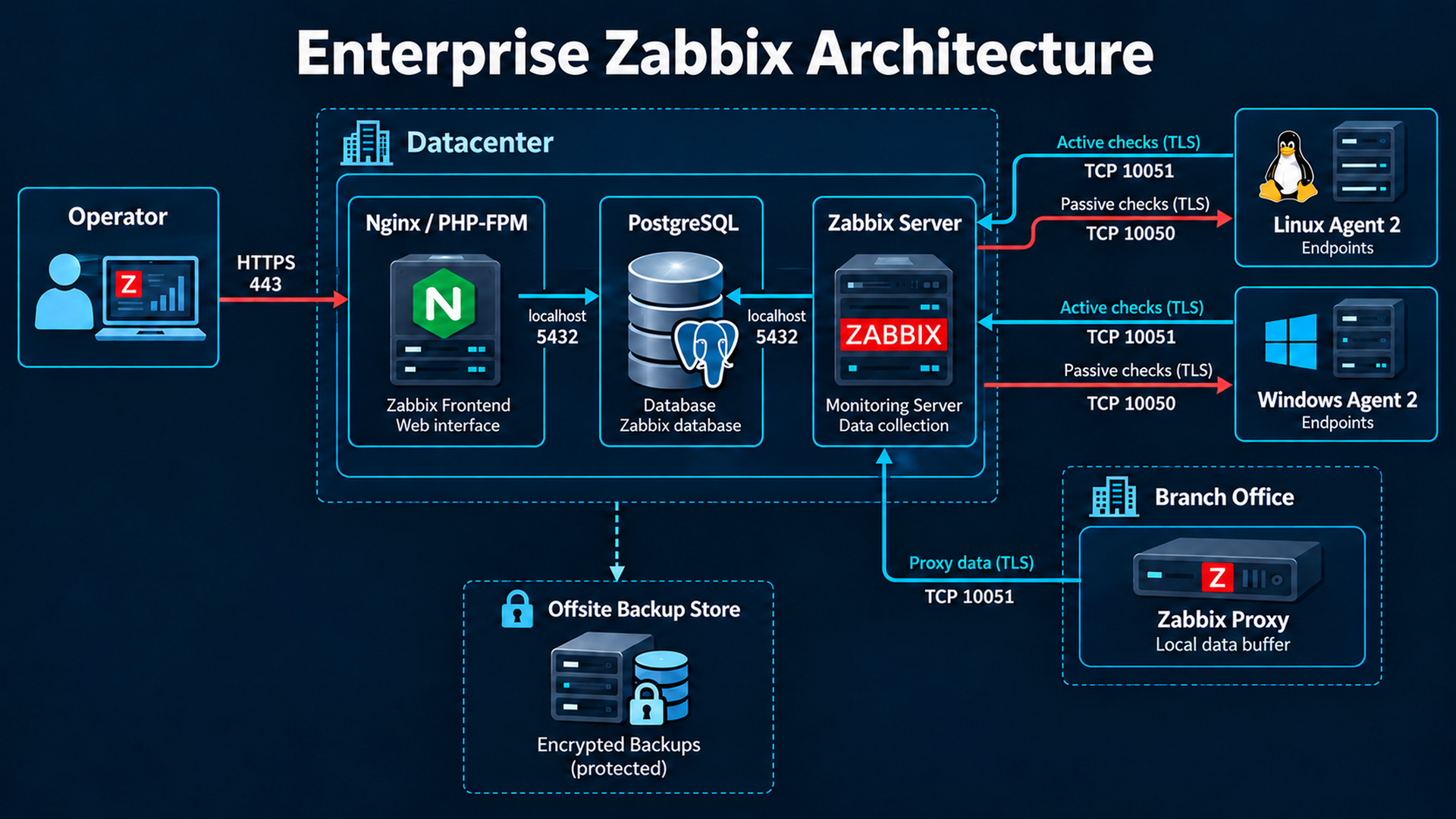 Enterprise topology: HTTPS operators, TLS agents and branch proxy, local PostgreSQL and off-site backup